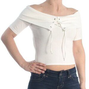 SAGE Women's Tie Off Shoulder Party Ribbed Crop Top in Ivory. XS